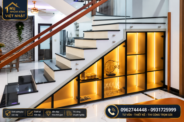 Cánh kính gầm cầu thang khung nâu đồng kính trà
