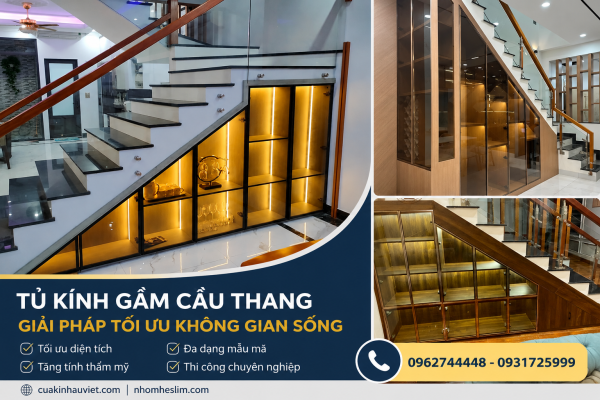 Cánh kính tủ áo gầm cầu thang khung nhôm đen